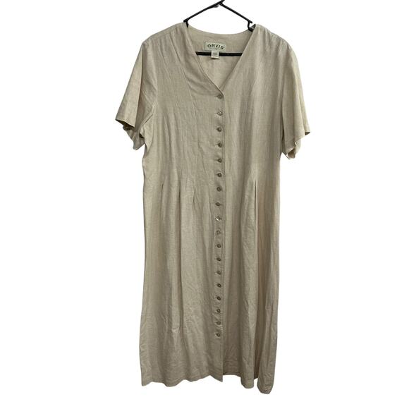Quiet Luxury Linen Midi Dress Orvis Natural Button Front Size 20 - Picture 1 of 6